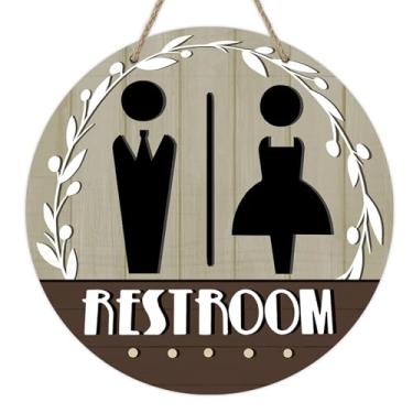 Imagem de Deroro Placa de porta da frente de banheiro masculino e feminino, unissex, decoração de cabide de madeira para banheiro, banheiro, banheiro, público, gênero, guirlanda de madeira rústica, decoração de