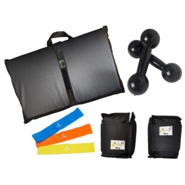 Imagem de Kit Tornozeleira 4KG Nylon Preto + Halteres 4KG Preto + Colchonete Dob