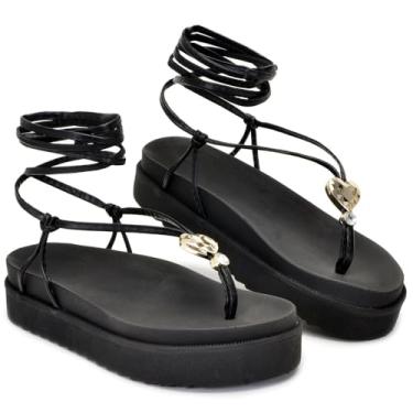 Imagem de Sandália Rasteira Feminina Amarrar Papete Plataforma Tiras Longas Coração (Preto, BR, Adulto, Numérico, 36)