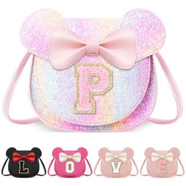 Imagem de izuzta Bolsa infantil para crianças 1 2 3 4 5 6 7 8 anos de idade bonito mouse orelha laço bolsa transversal presente de aniversário, Bolsa grande/brilhante/letra rosa, Petite, P