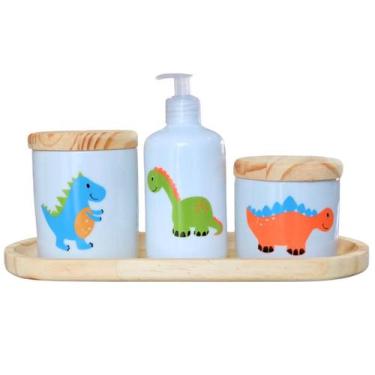 Imagem de Kit higiene bebê 4 peças Dinossauro - Bandeja, potes e porta álcool - 