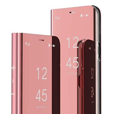 Imagem de QIVSTARS Capa para iPhone SE 2020 Cool Style Clear View Window Galvanizado Suporte à prova de arranhões Capa flip ultrafina para iPhone SE 2020 PU Espelho: ouro rosa QH