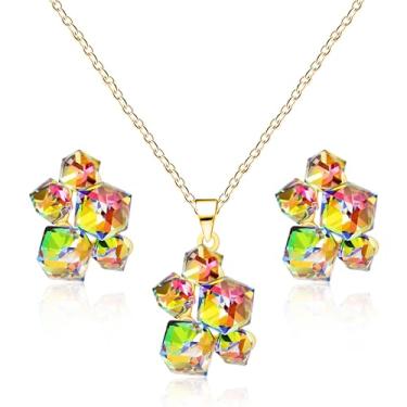 Imagem de Vivaday Conjunto de brincos e colar de cubo 3D de cor arco-íris | Liga de zinco banhada a ouro | Conjunto de joias elegantes de colar e brincos para mãe, avó, irmã | Corrente 45 + 5 cm | Bolsa de