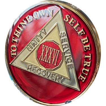 Imagem de Medalhão AA de 36 anos metálico mandarim vermelho sobriedade chip serenidade oração traseira