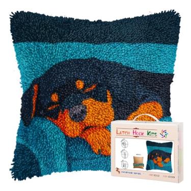 Imagem de Kits de travesseiro de gancho de trava DIY para adultos Rottweiler Cachorro Filhote Dormindo Impresso Fronha de Crochê Fio de Crochê Capa de Almofada Feita à Mão para Decoração de Sofá de Casa 43 x 43