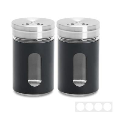 Imagem de YACEYACE Conjunto de sal e pimenta, 2 peças de coqueteleira de aço inoxidável com furos e tampas ajustáveis, saleiro pequeno preto de 85 g, agitador de açúcar em pó, transparente para festa
