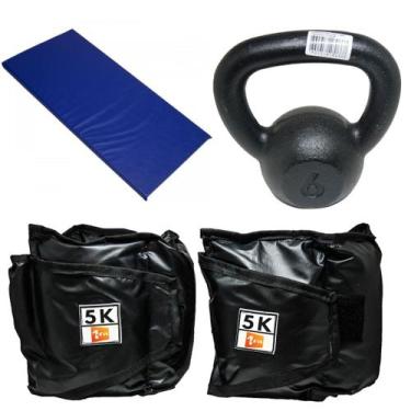 Imagem de Kit Colchonete Azul + Caneleira 5Kg + kettlebell Pintado 6kg - 1 Fit