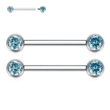 Imagem de FUNLMO 1 par de anéis de mamilo de 14 g, joias de piercing de mamilo com costas planas G23, joia de mamilo de titânio, roscada, internamente, barra, língua, ponte, joia para mulheres, Titânio