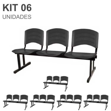 Imagem de Kit 06 Cadeiras Longarinas plástica 03 Lugares - Cor preto - pollo móveis - 33035