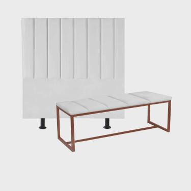 Imagem de Kit Cabeceira Carla e Calçadeira Industrial 195cm King Size Box Ferro Bronze Suede Branco - Ahz Móveis