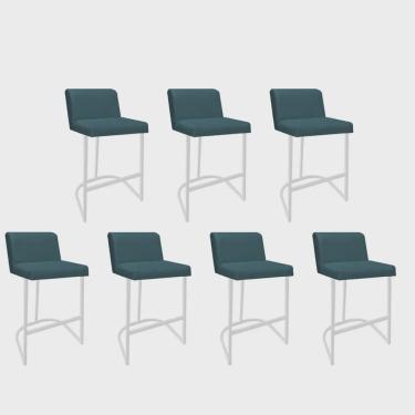 Imagem de Kit 07 Banquetas Com Encosto Noah Luxo Confort Bistrô Cozinha Ferro Branco Suede Azul Turquesa - Ahz Móveis