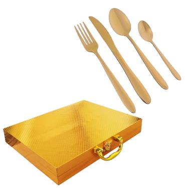 Imagem de Faqueiro 24 Peças Aço Inox Champanhe com Maleta de Madeira Dourada Linha Premium