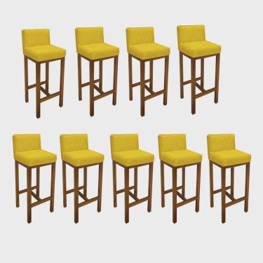 Imagem de Kit 09 Banqueta Alta Com Encosto Loren Cozinha Balcão Bistrô Base Madeira Carvalho Suede Amarelo - Ahz Móveis