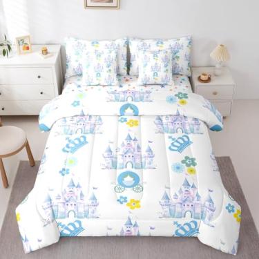 Imagem de Feelyou Conjunto de edredom infantil castelo sonhador com lençol casal, cama de princesa em um saco, flores, jardim, princesa, 7 peças, tema de conto de fadas, 7 peças