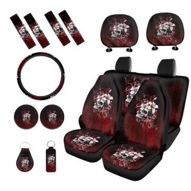 Imagem de PCSJRKG Conjunto completo de 15 peças de capa de assento de carro com estampa de lírio de caveira, conjunto de acessórios de proteção, capas de assento dianteiro, traseiro, capa de volante, capa de