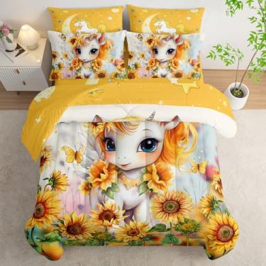 Imagem de AILONEN Jogo de edredom infantil casal de unicórnio, cama macia de 7 peças, girassol amarelo e unicórnio, lençol de cima, 2 fronhas, 2 fronhas