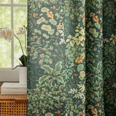 Imagem de Cortinas country francesas de 182 cm de comprimento, 2 painéis, cortina floral de folha verde escura para sala de estar, cortinas de linho semitransparentes com ilhós, cortinas de linho botânicas