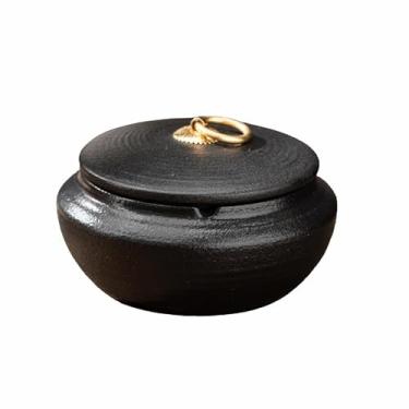 Imagem de Cinzeiros de mesa de cerâmica cinzeiro vintage de mesa com tampa retro clássico estilo à prova de vento redondo para fumar para uso doméstico escritório ornamentos (tamanho: Black F)