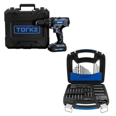 Imagem de Furadeira Parafusadeira Profissional TRB0012, 20 Volts e Jogo de Brocas e Bits Torkz TRK0006 75 Peças