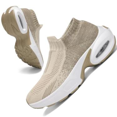 Imagem de Tênis de malha feminino – antiderrapante, sem cadarço, tênis de meia – leve, tênis de corrida com amortecimento de ar, tênis de trabalho, Deep Khaki20, 36