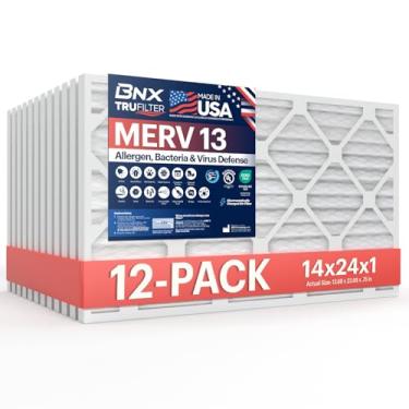Imagem de BNX Filtro de ar TruFilter MERV 13 14 x 24 x 1 (pacote com 12) - Feito nos EUA - Filtros de ar condicionado plissados eletrostáticos HVAC AC para alergias, pólen, mofo, bactérias, fumaça, alérgeno,