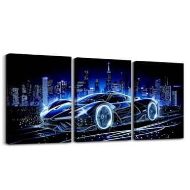Imagem de Feelyou Pintura de parede de carro de corrida azul infantil pôsteres velocidade carro esportivo arte de parede para sala de estar quarto carro de corrida decoração de parede meninos meninas esportes