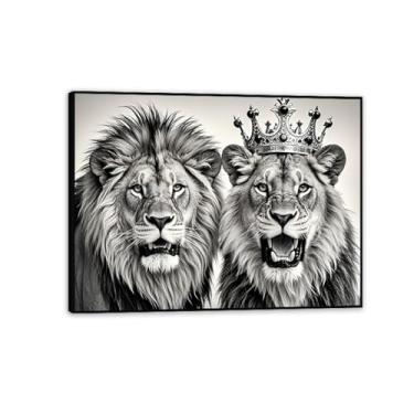 Imagem de Leão e Leoa Rei Rainha Sala de Estar Arte de Parede Preto e Branco Casal Africano Animal Impressão em Tela 90 x 70 cm Moldura Preta