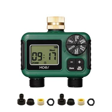Imagem de MOES Temporizador de irrigação de 2 saídas, entrada de latão, controlador de irrigação automático programável, atraso de chuva, rega manual, temporizador de mangueira de água de 2 zonas para jardins