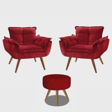Imagem de Kit 2 Poltronas Opalas com Puff Redondo Suede Vinho Marsala - Neros In