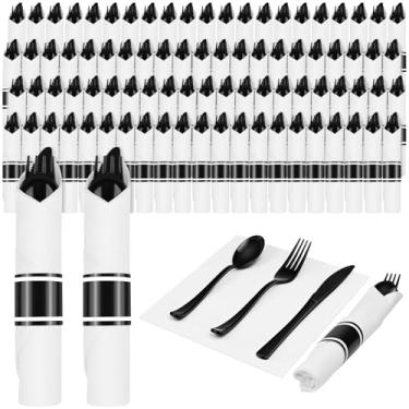 Imagem de KIDSU Kit Com 100 Utensílios Descartáveis Pré-Enrolados, Conjunto De Talheres Plástico Preto Resistente, Incluindo Garfos, Facas, Colheres E Guardanapos - Para Festas, Casamentos, Jantares Outros Ev