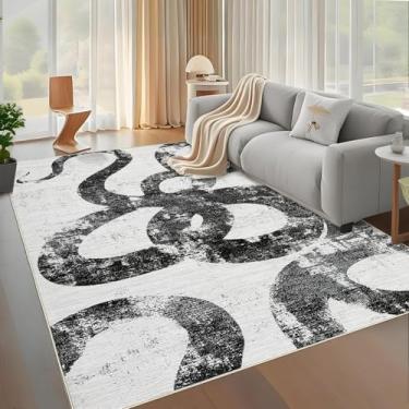Imagem de GarveeHome Tapete de área de 20 x 25 cm preto e branco, lavável abstrato para sala de estar, quarto, antiderrapante, tapete ultrafino para sala de jantar, capa de piso contemporânea para escritório
