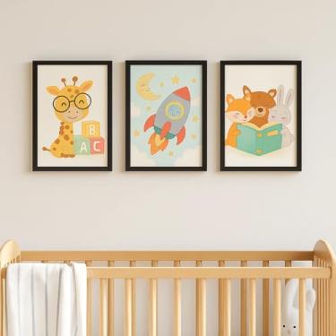 Imagem de Kit 3 Quadros Decorativos Infantis com Moldura MDF 20x28cm | Animais, Foguete e Leitura | Ideal para Quarto de Bebê ou Infantil