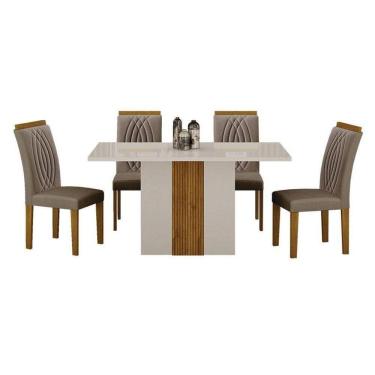 Imagem de Mesa De Jantar Doha 120x80 Reto Off White Decor Off Com 4 Cadeiras Freijó Joli Camurça - Leifer Móveis