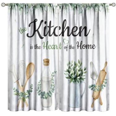 Imagem de Cortinas rústicas de cozinha de eucalipto, utensílios de cozinha em aquarela, plantas, fazenda, país, botânica, tábua de madeira, bolso para varão, tratamentos de janela para café, sala de estar, 106