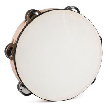 Imagem de LIEKE Tambor de mão de pele de cabra para crianças adultas de 20 cm com 6 pares de jingles metálicos de fileira dupla para igreja, música, sala de aula, dança, festa, adereços (20 cm)