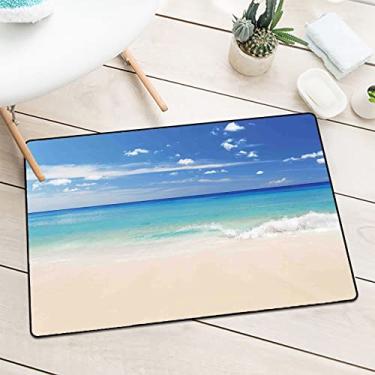 Imagem de Tapete de entrada de grau comercial oceânico, estilo oceano tropical, costa arenosa e mar com ondas, tapete de porta lavável na máquina, L 60 x C 90 cm, turquesa creme