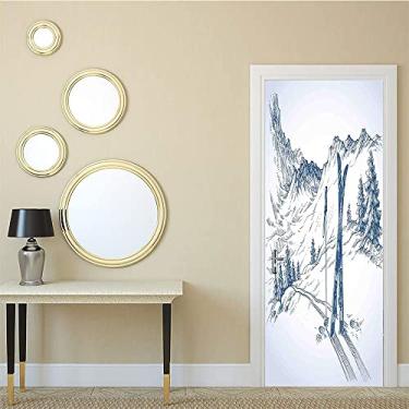 Imagem de Adesivo de papel de parede de pintura de parede para porta de quarto de inverno, gráfico esboçado de uma descida com elementos de esqui na neve, vista relaxada, para dormitórios, escritórios e