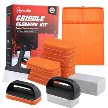 Imagem de Kit de limpeza de chapa para acessórios Blackstone, tapete de espátula de silicone resistente ao calor com cabide, kit de limpeza de grelha de topo plano com limpador de churrasqueira, tijolo de pedra