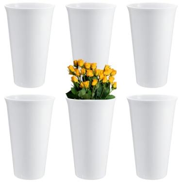 Imagem de HFYZZ Pacote com 6 baldes de flores para flores cortadas, baldes florais de plástico de 24 cm, vasos redondos modernos para centros de mesa, vasos de plástico decorativos para decoração de casamento