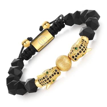 Imagem de WP WEPICK Pulseiras masculinas banhadas a ouro 18 quilates de aço inoxidável, cabeça de leopardo, olho de tigre, contas de ônix pretas feitas à mão, pulseira masculina, ajustável, presente de