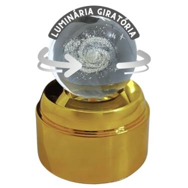 Imagem de Luminária Giratória Decorativa com Esfera de Vidro 3D, Base LED Iluminada, Dourada (Galáxia)