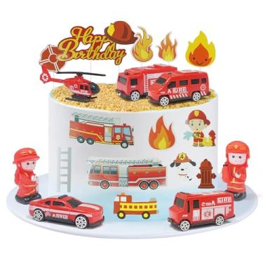 Imagem de 21 peças de topo de bolo de caminhão de bombeiros decoração de bolo de aniversário para bombeiros e decorações de bolo de festa de aniversário infantil, decorações de aniversário de caminhão de