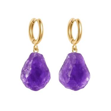 Imagem de Brinco de Argola Ametista - Cristal Natural, Banho Ouro 18k