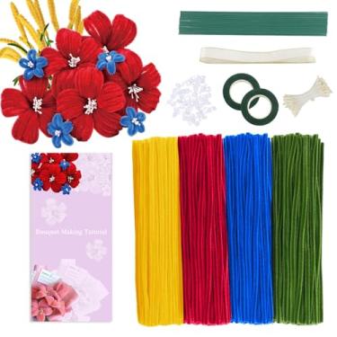 Imagem de Conjunto de 400 limpadores de cachimbo para artesanato, hastes de chenille para meninas e meninos, 4 cores sortidas, limpadores de cachimbo, para fazer flores de arte DIY com fios florais, fita de