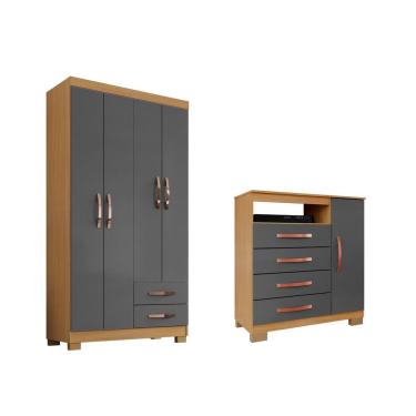 Imagem de Guarda Roupa Solteiro 4 Portas 2 Gavetas com Cômoda Sapateira 1 Porta 4 Gavetas Modena Carvalho Grafite - Combo Stock