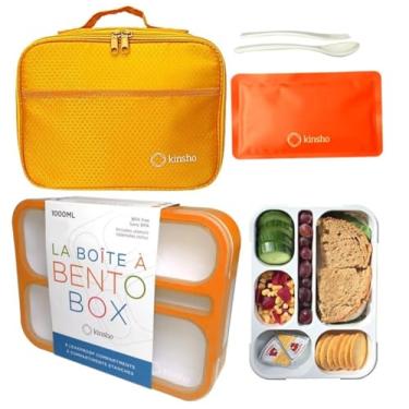 Imagem de Bento-Box com bolsa e conjunto de gelo. Lancheiras recipientes para lanche para crianças meninos e meninas. 6 compartimentos, caixas de recipiente à prova de vazamento, sacos isolados para almoços escolares, livre de BPA (laranja)
