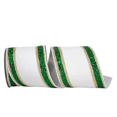 Imagem de Reliant Ribbon Dupioni Regalia Fita de borda com fio de luxo com glitter, branco/verde