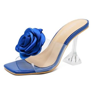 Imagem de MAIERNISI JESSI Sandálias femininas de salto alto com flores e bico quadrado, sem cadarço, vestido de noiva e casamento, Azul royal, 39