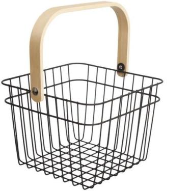 Imagem de Cesto Organizador Multiuso Quadrado em Metal Alça Bambu 17cm Hauskraft