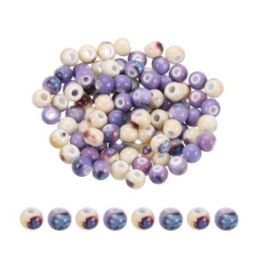 Imagem de PATIKIL 100 contas de porcelana, contas soltas redondas de cerâmica de 8 mm, espaçador feito à mão, para pulseira, colar, brinco, joias, artesanato, roxo, amarelo